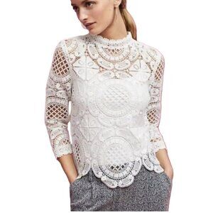 Anthropologie James Coviello Medallion Lace Front  Mock Neck Ivory Blouse SZ SP